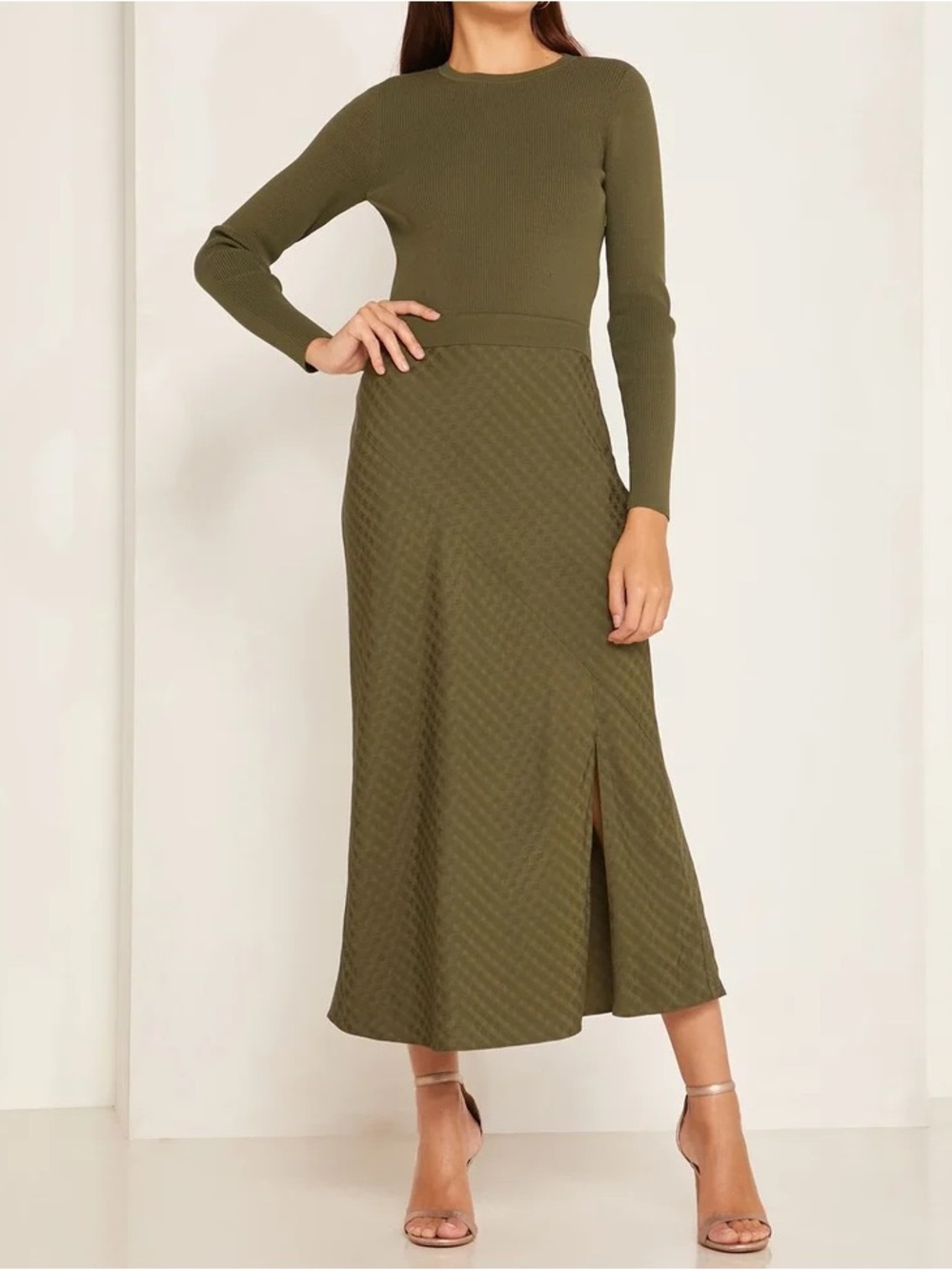 Ted Baker London Women’s Joowani Midi Dress Ribbed Bodice Olive Green Size 2